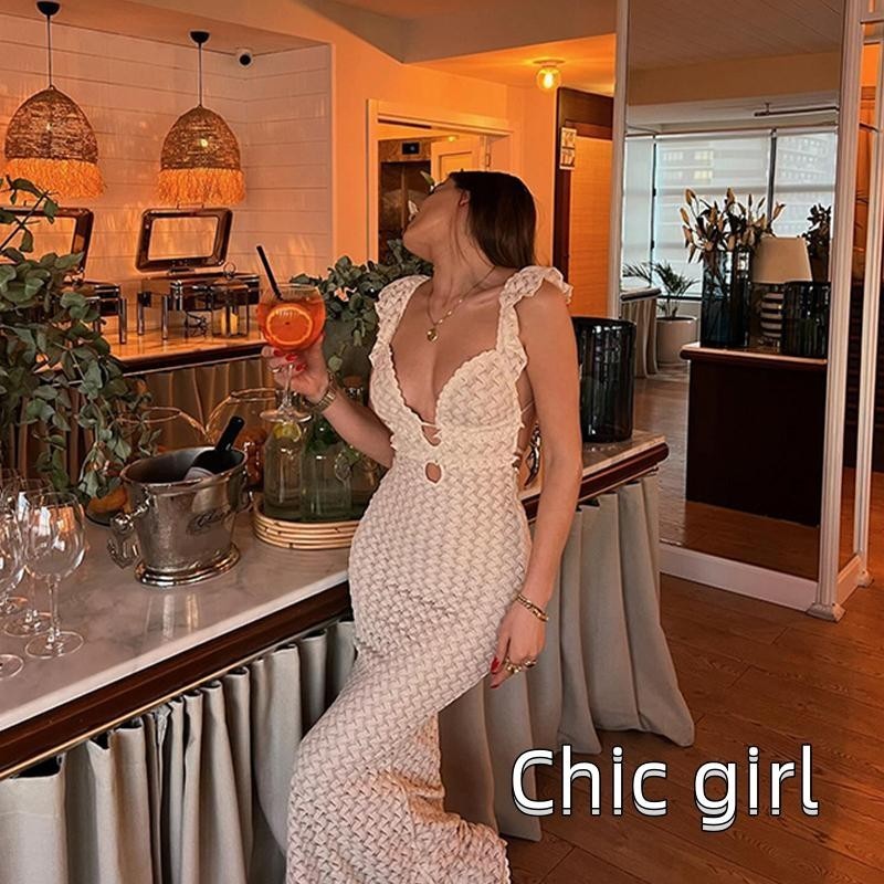 Phụ Nữ Mùa Hè Dài Đan Đầm Bay Tay Sâu Cổ Chữ V Xù Mở Lưng Thắt Lưng Đầm
