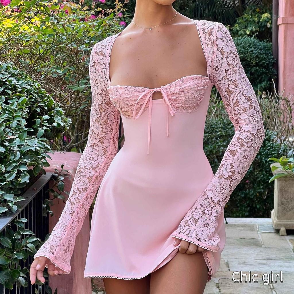 Dài Tay Lưng Thấp Cắt Buộc Ren Chắp Vá Đầm Cocktail Chữ A Nữ Mini Đầm Trắng Hồng Đen