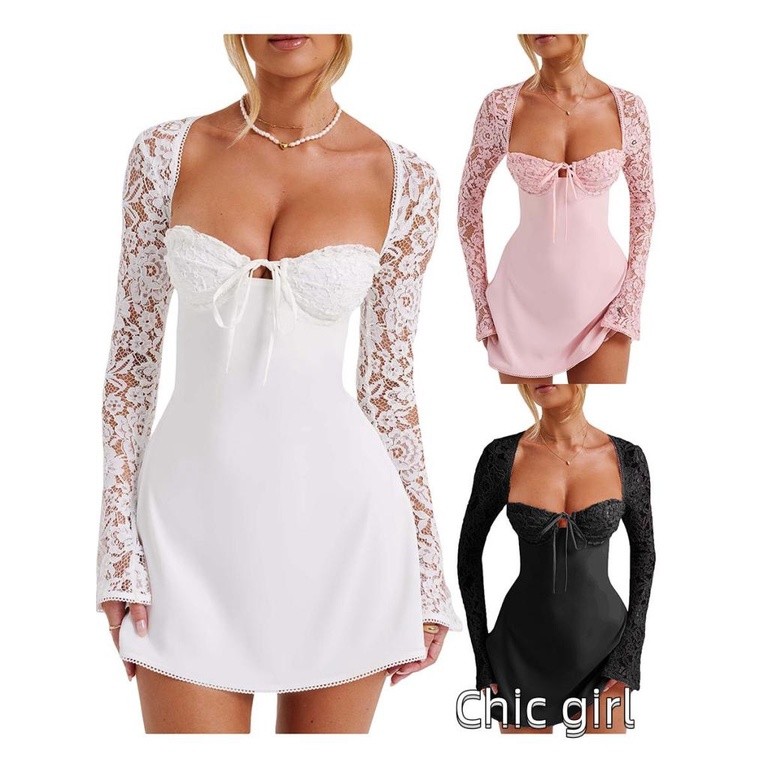 Dài Tay Lưng Thấp Cắt Buộc Ren Chắp Vá Đầm Cocktail Chữ A Nữ Mini Đầm Trắng Hồng Đen