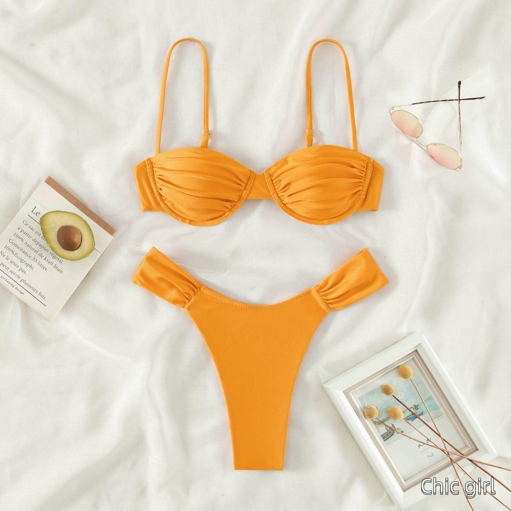Phụ Nữ Bơi Bikini Phù Hợp Với Màu Trơn Xếp Ly Áo + Quần Short Quần Đùi Đồ Bơi Đồ Bơi