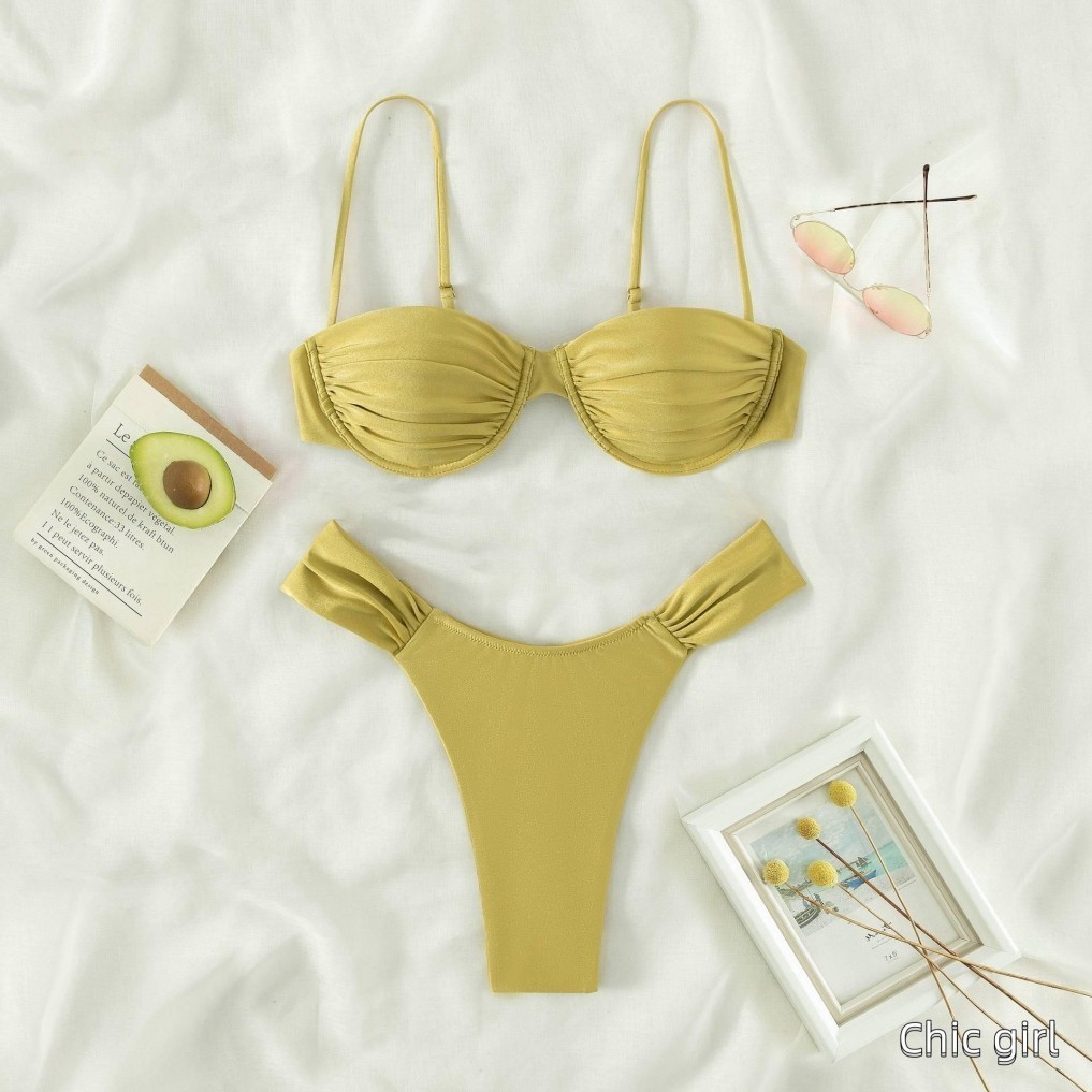 Phụ Nữ Bơi Bikini Phù Hợp Với Màu Trơn Xếp Ly Áo + Quần Short Quần Đùi Đồ Bơi Đồ Bơi