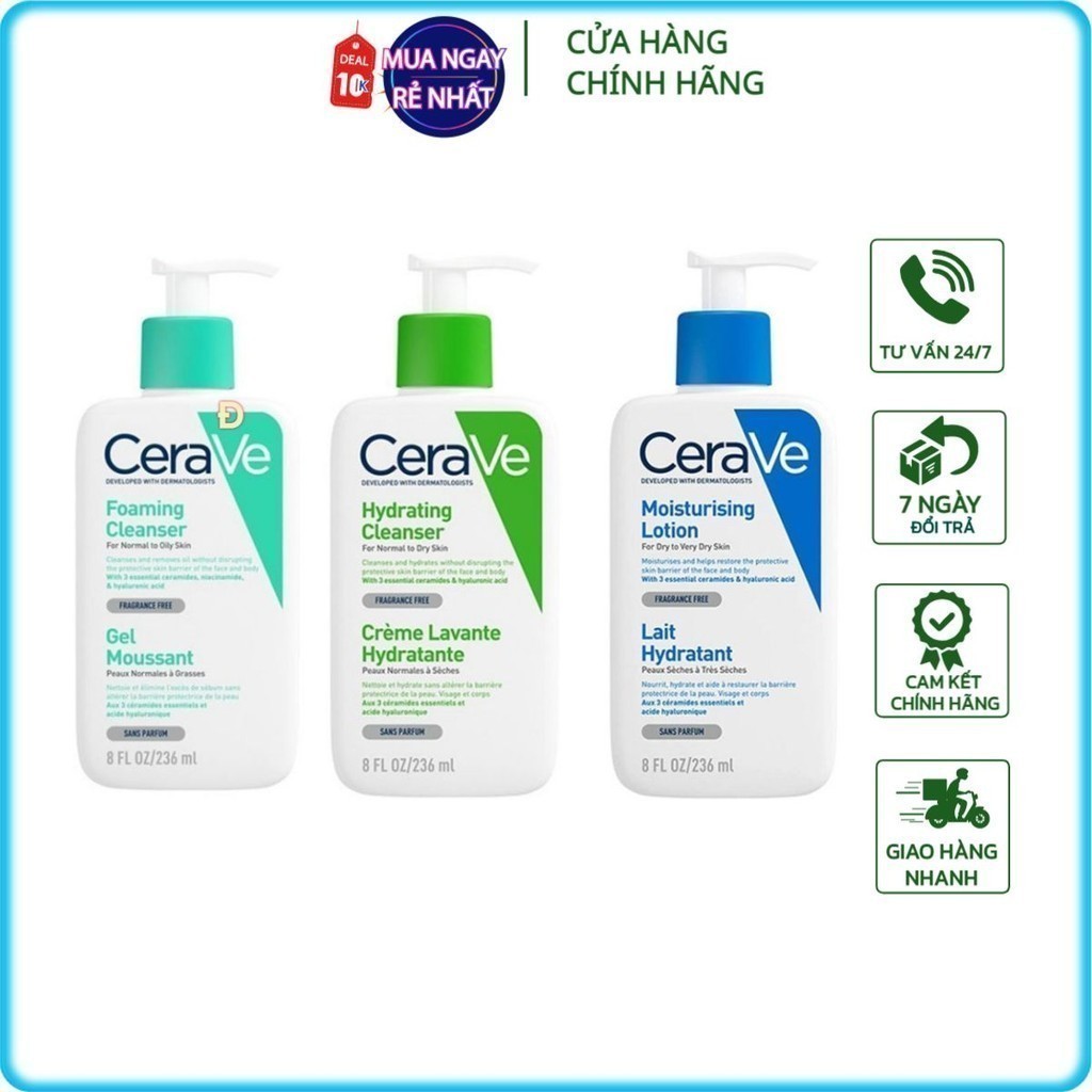 Sữa rửa mặt CeraVe làm sáng da, duy trì độ ẩm, không gây mụn, mọi loại da dung tích 236ml
