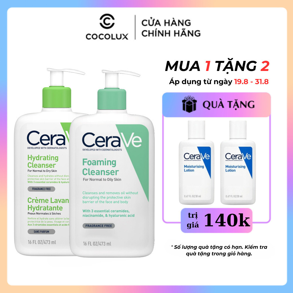 Sữa rửa mặt CeraVe làm sáng da, duy trì độ ẩm, không gây mụn, mọi loại da dung tích 236ml