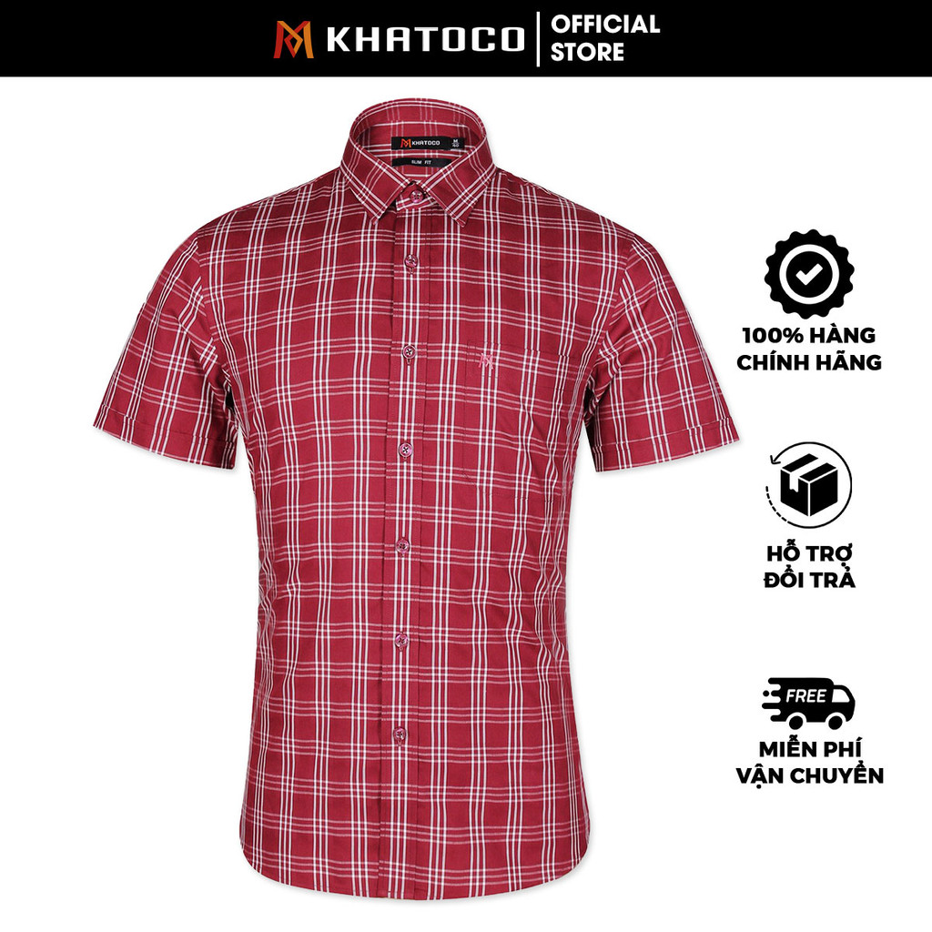 Sơ Mi Caro Tay Ngắn Màu Đỏ Đô - Trắng, Form Slim Fit Chống Nhăn, Lai Bầu - Áo Nam Khatoco