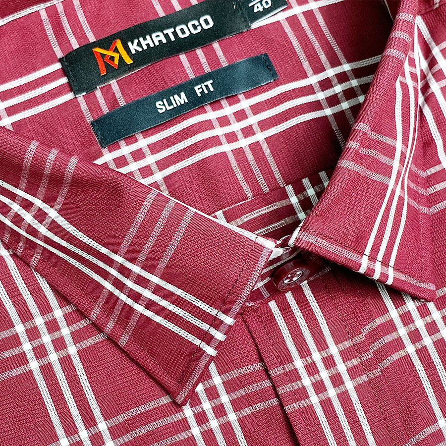 Sơ Mi Caro Tay Ngắn Màu Đỏ Đô - Trắng, Form Slim Fit Chống Nhăn, Lai Bầu - Áo Nam Khatoco