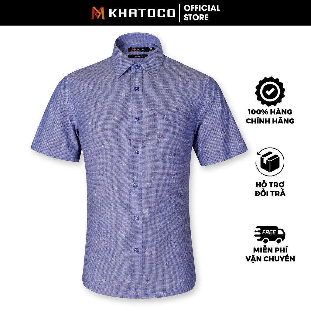 Sơ Mi Caro Tay Ngắn Màu Xanh Dương, Form Tailor Fit Chống Nhăn, Lai Ngang - Áo Nam Khatoco, quà tặng