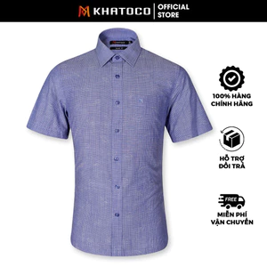 Sơ Mi Caro Tay Ngắn Màu Xanh Dương, Form Tailor Fit Chống Nhăn, Lai Ngang - Áo Nam Khatoco, quà tặng