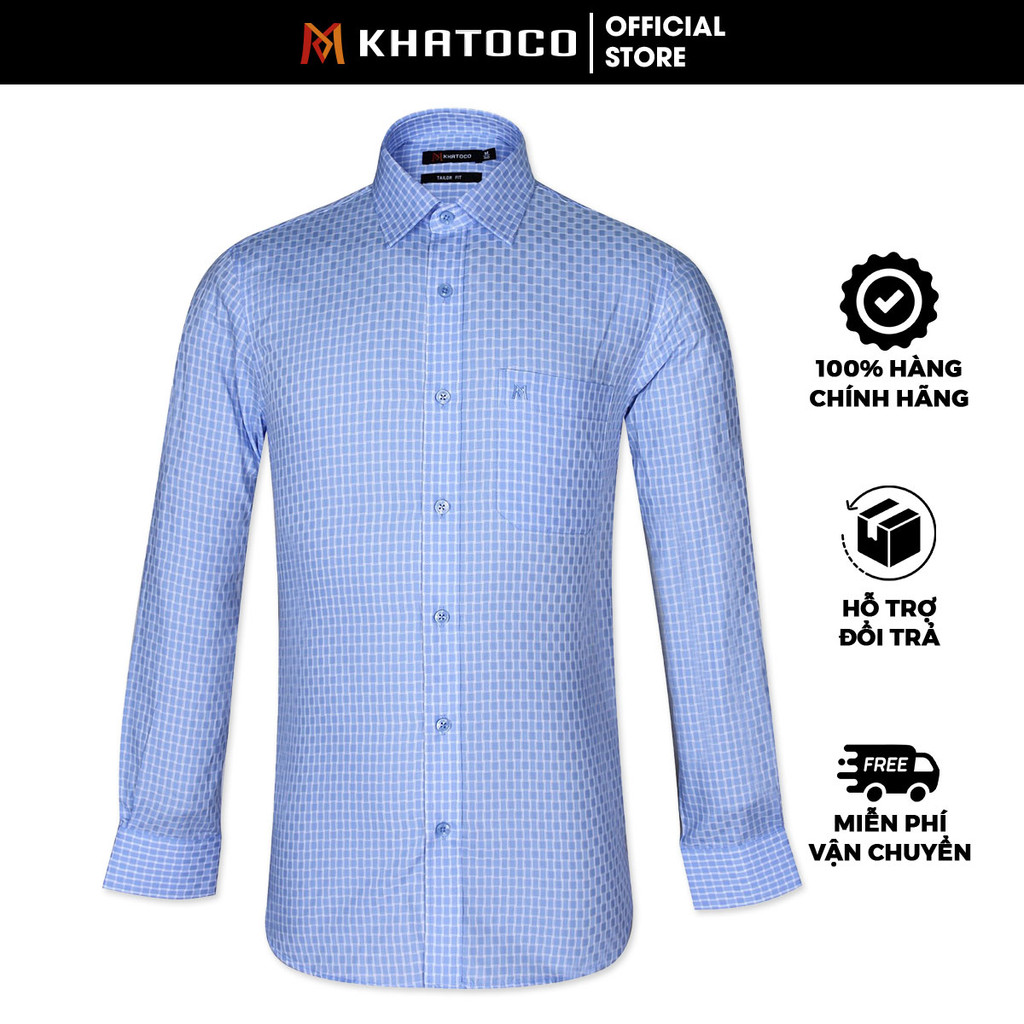 Sơ Mi Caro Tay Dài Màu Xanh Dương -Trắng, Form Tailor Fit Chống Nhăn, Lai Bầu - Áo Nam Khatoco
