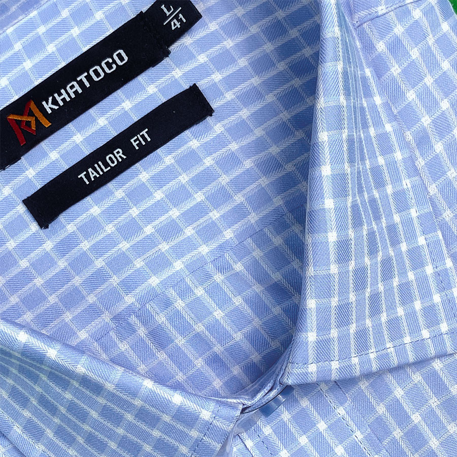 Sơ Mi Caro Tay Dài Màu Xanh Dương -Trắng, Form Tailor Fit Chống Nhăn, Lai Bầu - Áo Nam Khatoco