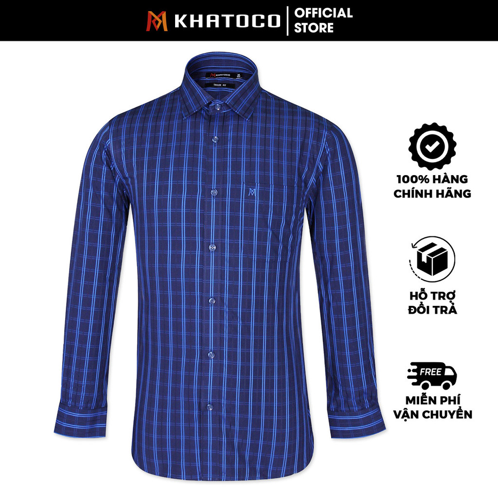 Sơ Mi Caro Tay Dài Màu Xanh Navy - Xanh Dương, Form Tailor Fit Chống Nhăn, Lai Bầu - Áo Nam Khatoco