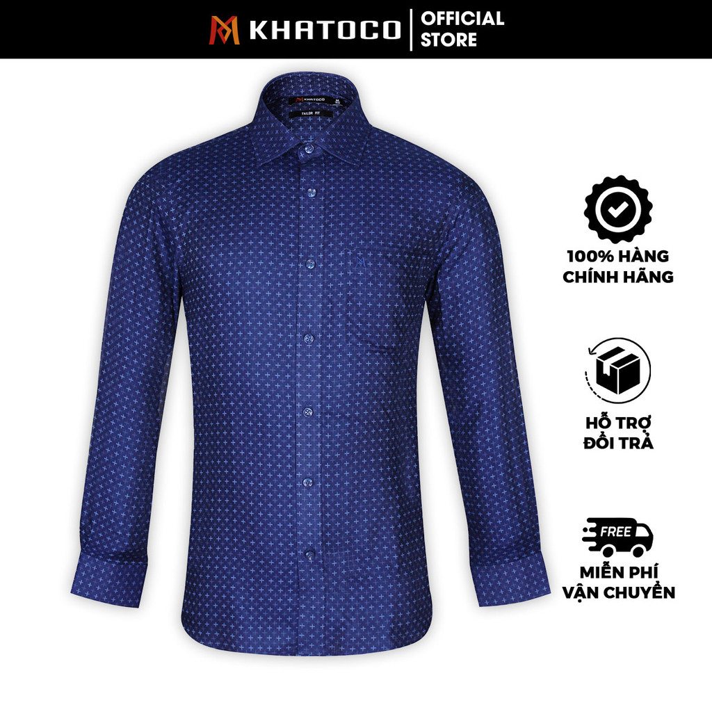 Sơ Mi Họa Tiết Tay Dài Màu Navy - Xanh Dương, Form Tailor Fit Chống Nhăn, Lai Bầu - Áo Nam Khatoco