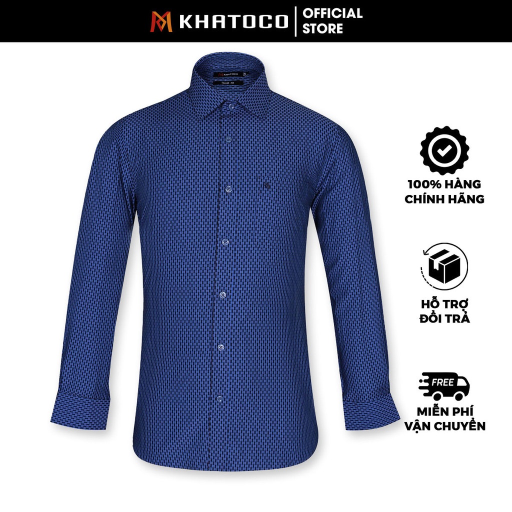 Sơ Mi Caro Tay Dài Màu Xanh Navy - Xám, Form Tailor Fit Chống Nhăn, Lai Bầu - Áo Nam Khatoco
