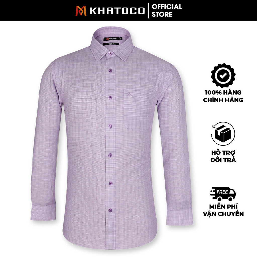 Sơ Mi Caro Tay Dài Màu Tím - Trắng, Form Tailor Fit Chống Nhăn, Lai Bầu - Áo Nam Khatoco