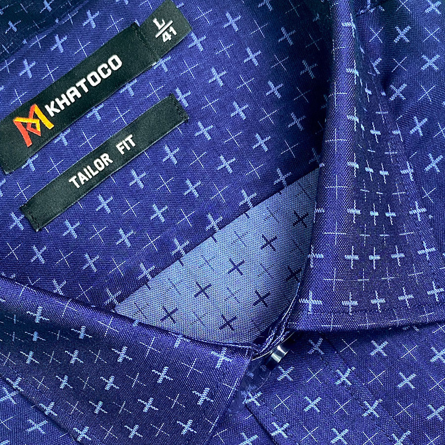 Sơ Mi Họa Tiết Tay Dài Màu Navy - Xanh Dương, Form Tailor Fit Chống Nhăn, Lai Bầu - Áo Nam Khatoco