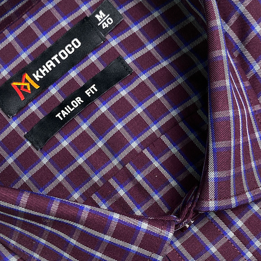 Sơ Mi Caro Tay Dài Màu Đỏ Đô, Form Tailor Fit Chống Nhăn, Lai Bầu - Áo Nam Khatoco