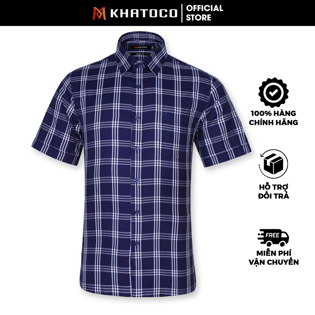 Sơ Mi Caro Tay Ngắn Màu Xanh Navy - Trắng, Form Tailor Fit Chống Nhăn, Lai Ngang Áo, Nam Khatoco