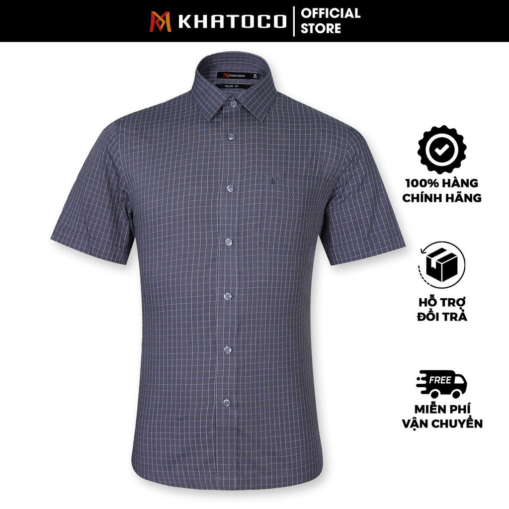 Sơ Mi Caro Tay Ngắn Màu Xám - Trắng, Form Tailor Fit Chống Nhăn, Lai Ngang - Áo Nam Khatoco quà tặng