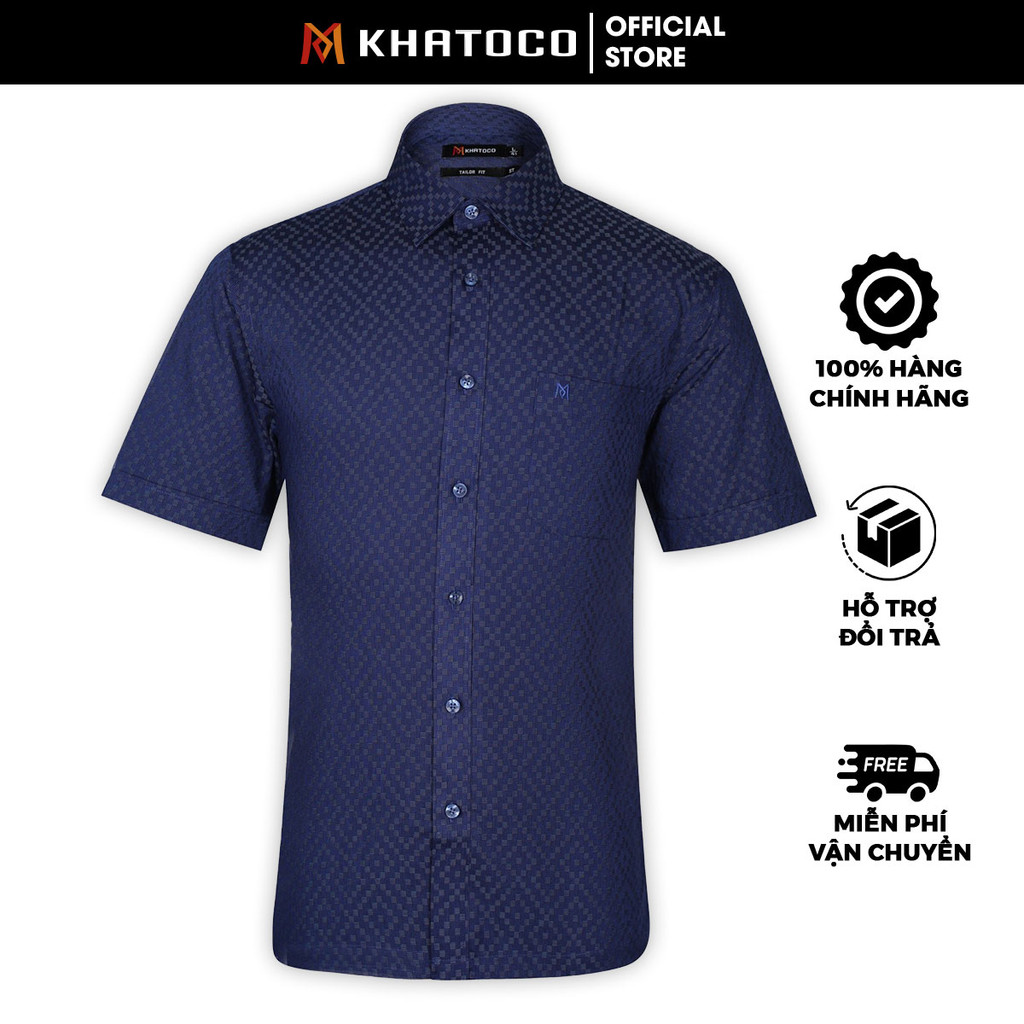Sơ Mi  Tay Ngắn Màu Xanh Navy, Form Tailor Fit Chống Nhăn, Lai Ngang - Áo Nam Khatoco, quà tặng