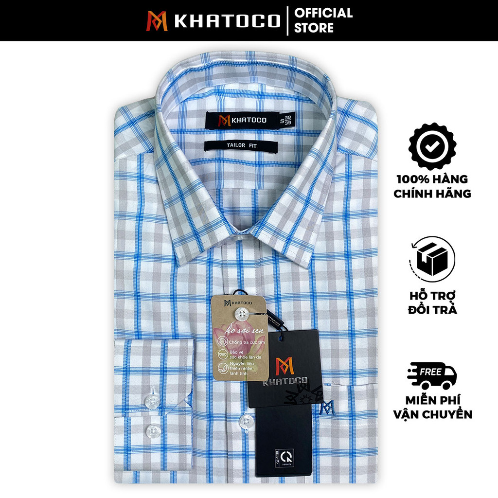 Sơ Mi Caro Tay Dài Màu Trắng- Xanh Dương, Form Tailor Fit Chống Nhăn, Lai Bầu - Áo Nam Khatoco