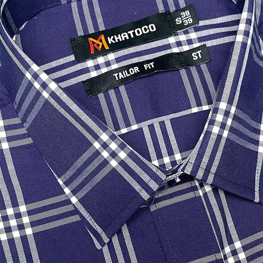 Sơ Mi Caro Tay Ngắn Màu Xanh Navy - Trắng, Form Tailor Fit Chống Nhăn, Lai Ngang Áo, Nam Khatoco