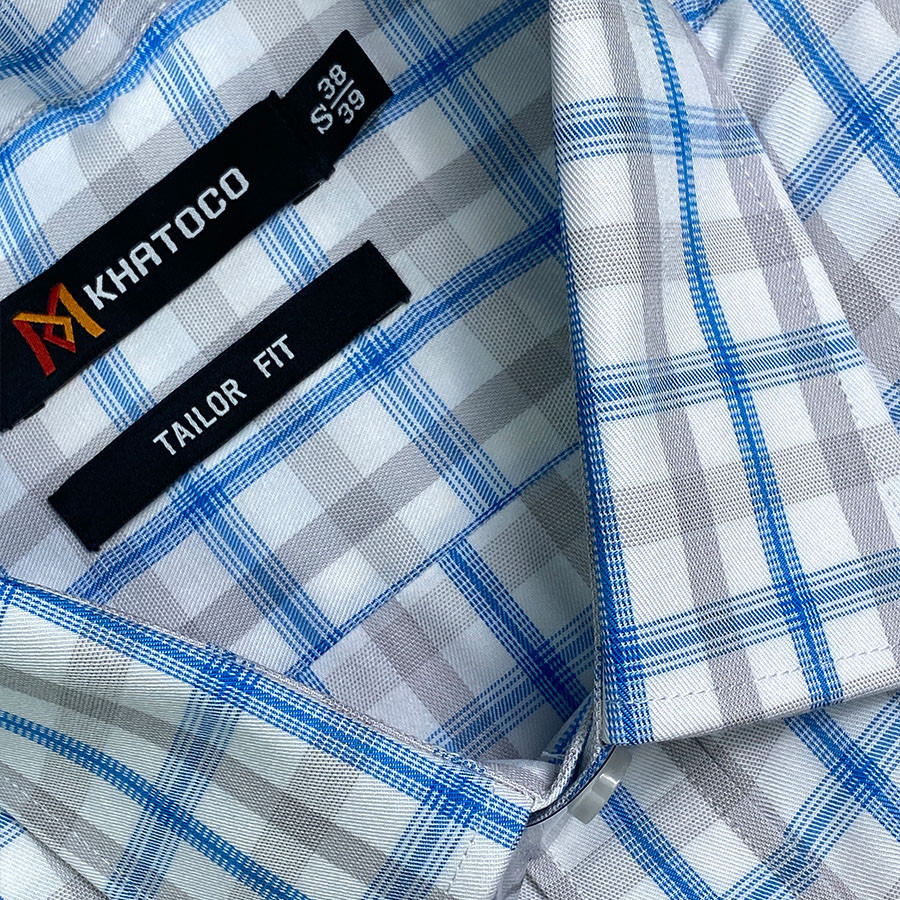 Sơ Mi Caro Tay Dài Màu Trắng- Xanh Dương, Form Tailor Fit Chống Nhăn, Lai Bầu - Áo Nam Khatoco