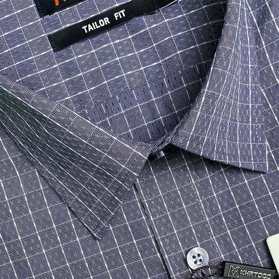 Sơ Mi Caro Tay Ngắn Màu Xám - Trắng, Form Tailor Fit Chống Nhăn, Lai Ngang - Áo Nam Khatoco quà tặng