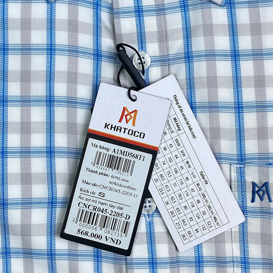 Sơ Mi Caro Tay Dài Màu Trắng- Xanh Dương, Form Tailor Fit Chống Nhăn, Lai Bầu - Áo Nam Khatoco