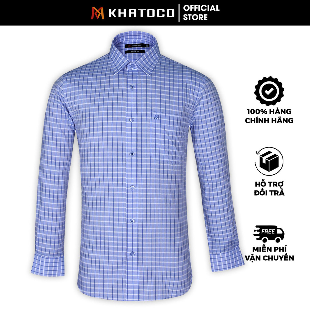 Sơ Mi Caro Tay Dài Màu Xanh Dương - Trắng, Form Tailor Fit Chống Nhăn, Lai Bầu- Áo Nam Khatoco