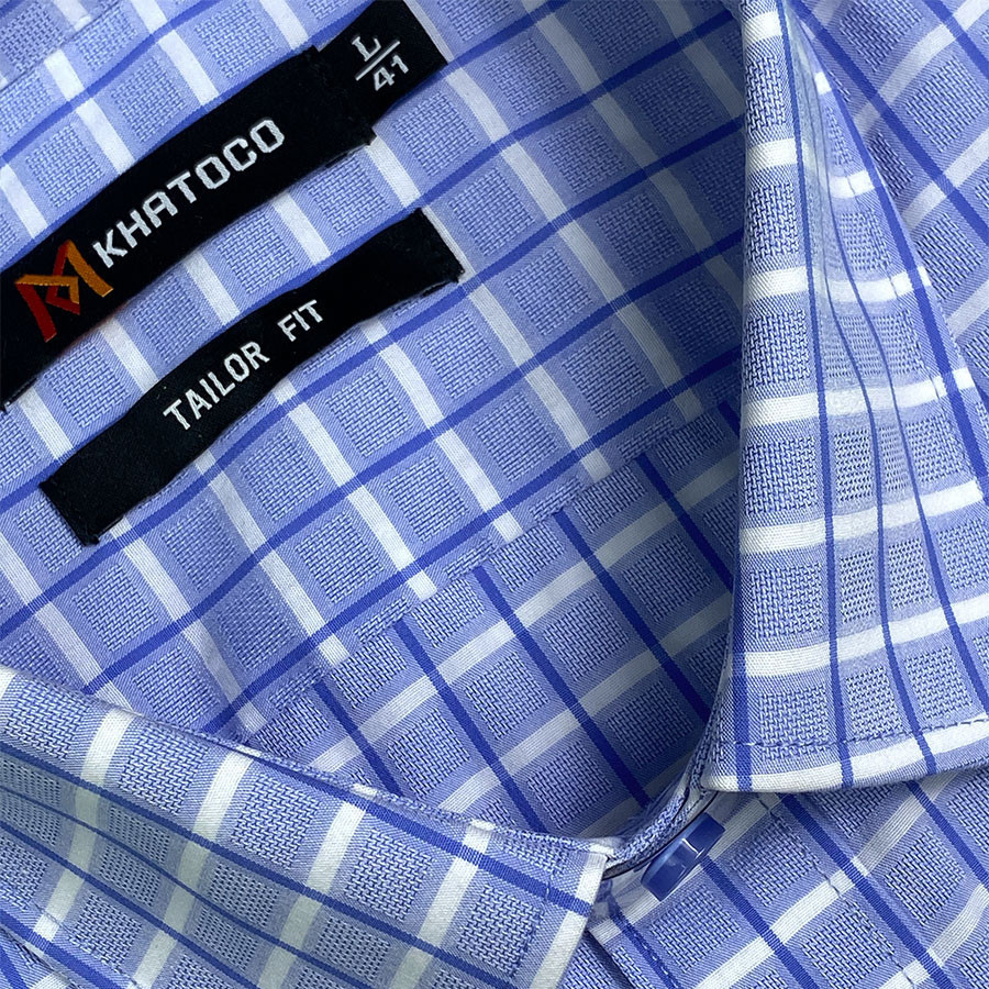 Sơ Mi Caro Tay Dài Màu Xanh Dương - Trắng, Form Tailor Fit Chống Nhăn, Lai Bầu- Áo Nam Khatoco