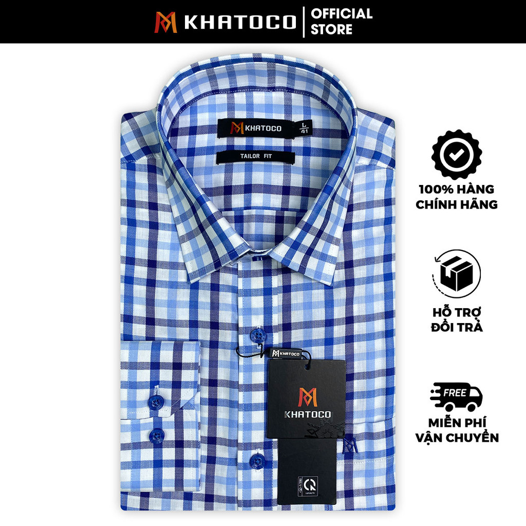 Sơ Mi Caro Tay Dài Màu Trắng - Xanh Dương, Form Tailor Fit Chống Nhăn, Lai Bầu - Áo Nam Khatoco