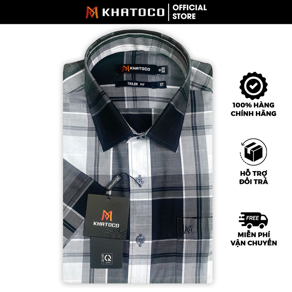 Sơ Mi Caro, Tay Ngắn Màu Xám - Trắng, Form Tailor Fit Chống Nhăn, Lai Ngang - Áo Nam Khatoco