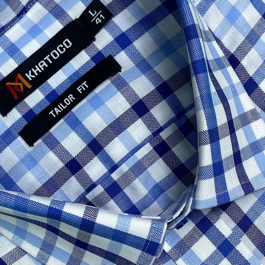 Sơ Mi Caro Tay Dài Màu Trắng - Xanh Dương, Form Tailor Fit Chống Nhăn, Lai Bầu - Áo Nam Khatoco