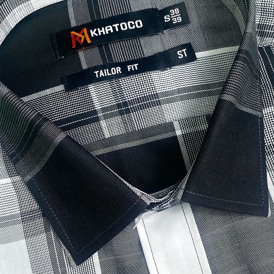 Sơ Mi Caro, Tay Ngắn Màu Xám - Trắng, Form Tailor Fit Chống Nhăn, Lai Ngang - Áo Nam Khatoco