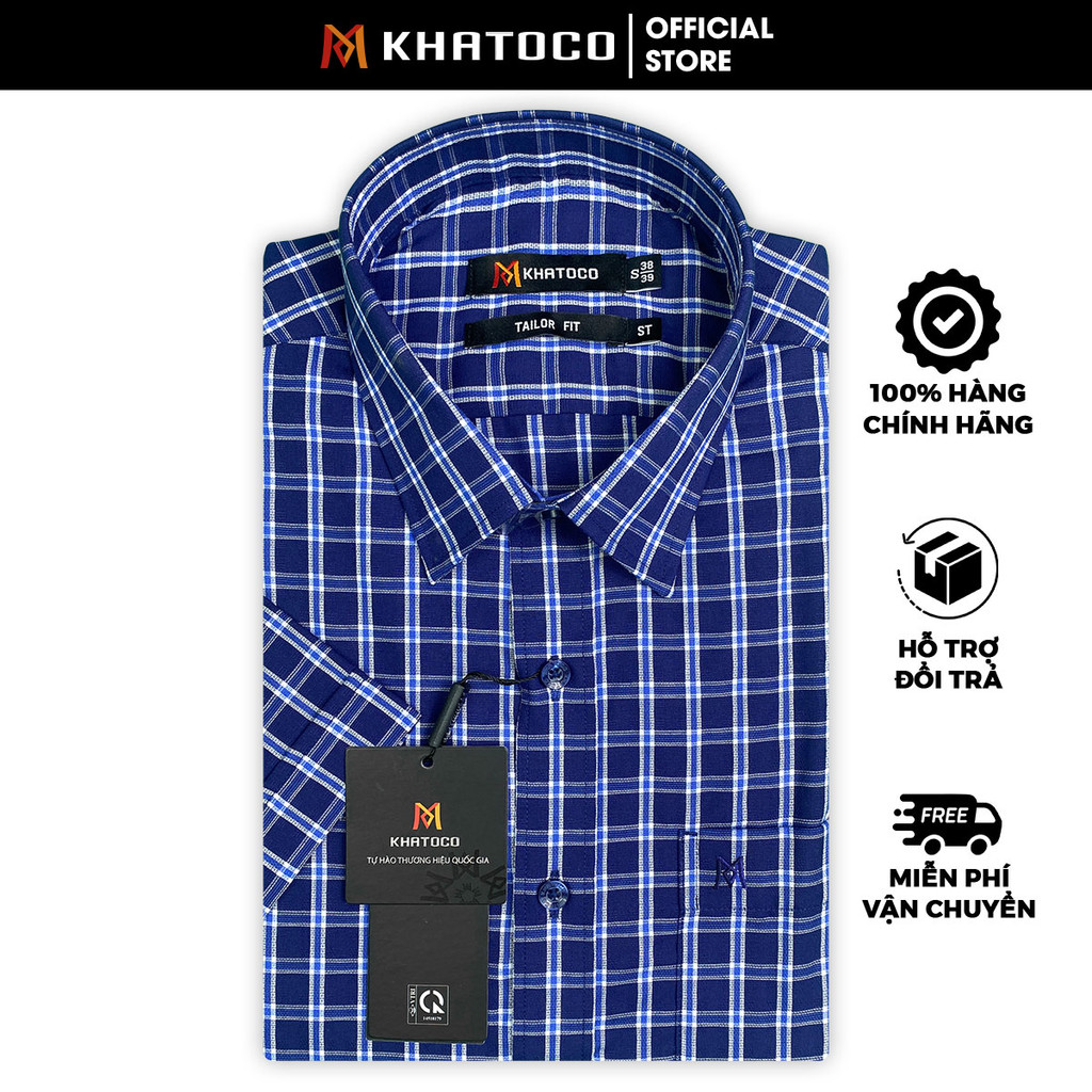 Sơ Mi Caro Tay Ngắn Màu Xanh Dương- Trắng, Form Tailor Fit Chống Nhăn, Lai Ngang - Áo Nam Khatoco