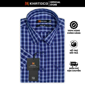 Sơ Mi Caro Tay Ngắn Màu Xanh Dương- Trắng, Form Tailor Fit Chống Nhăn, Lai Ngang - Áo Nam Khatoco