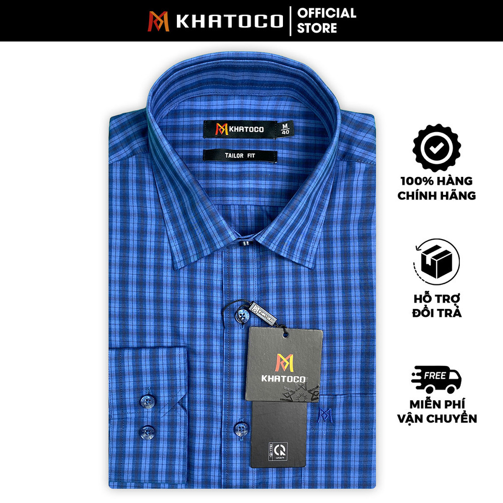 Sơ Mi Caro Tay Dài Màu Xanh Navy - Xanh Dương, Form Tailor Fit Chống Nhăn, Lai Bầu Áo Nam Khatoco