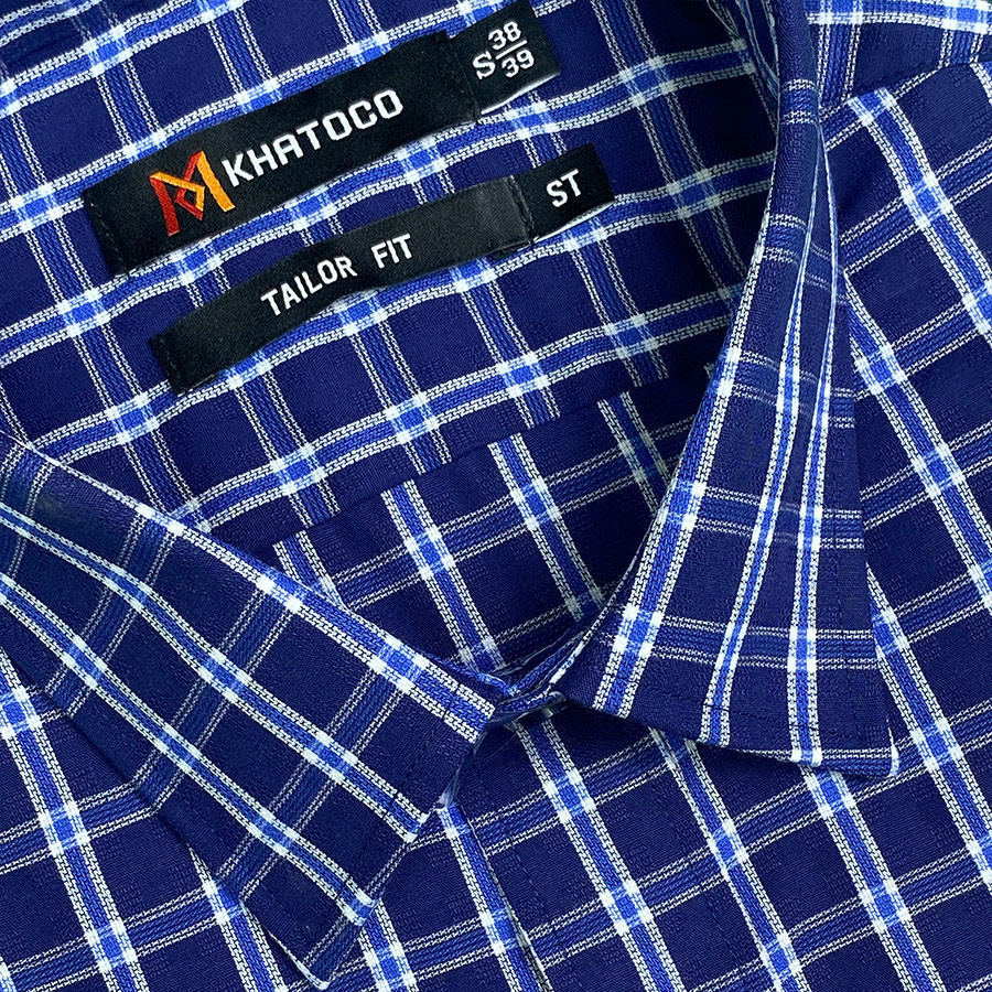 Sơ Mi Caro Tay Ngắn Màu Xanh Dương- Trắng, Form Tailor Fit Chống Nhăn, Lai Ngang - Áo Nam Khatoco