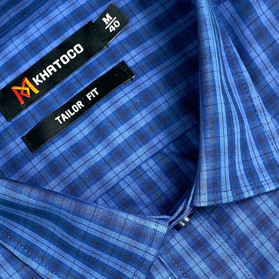Sơ Mi Caro Tay Dài Màu Xanh Navy - Xanh Dương, Form Tailor Fit Chống Nhăn, Lai Bầu Áo Nam Khatoco