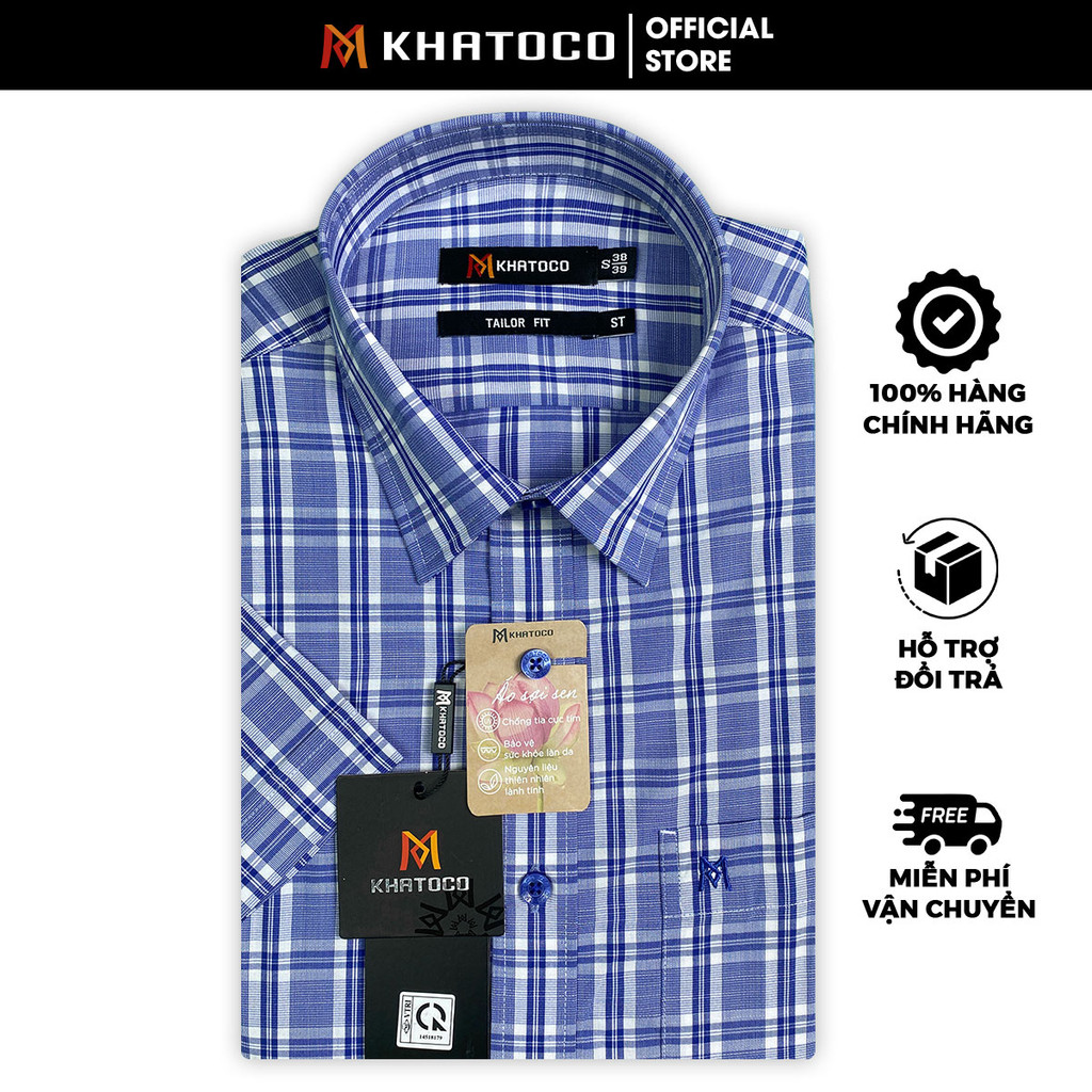 Sơ Mi Caro Tay Ngắn Màu Navy - Xanh Dương, Form Tailor Fit Chống Nhăn, Lai Ngang  Áo Nam Khatoco