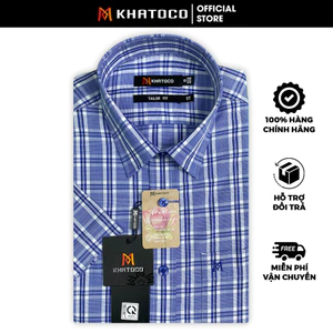 Sơ Mi Caro Tay Ngắn Màu Navy - Xanh Dương, Form Tailor Fit Chống Nhăn, Lai Ngang Áo Nam Khatoco