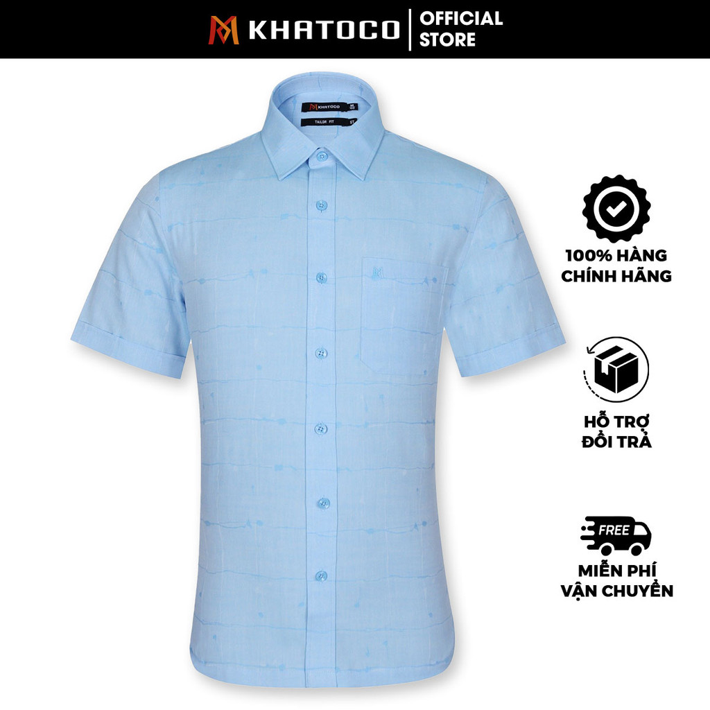 Sơ Mi Caro Tay Ngắn Xanh Dương - Xanh Navy, Form Tailor Fit Chống Nhăn, Lai Ngang - Áo Nam Khatoco