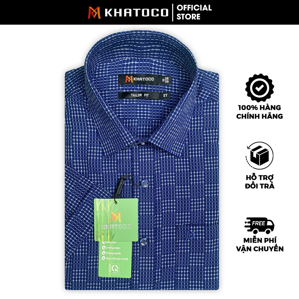 Sơ Mi Caro Tay Ngắn Màu Xanh Navy, Form Tailor Fit Chống Nhăn, Lai Ngang - Áo Nam Khatoco, quà tặng