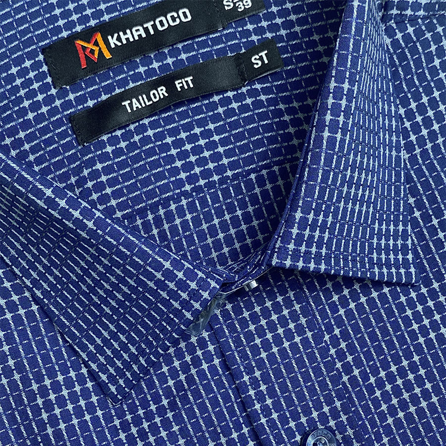 Sơ Mi Caro Tay Ngắn Màu Xanh Navy, Form Tailor Fit Chống Nhăn, Lai Ngang - Áo Nam Khatoco, quà tặng