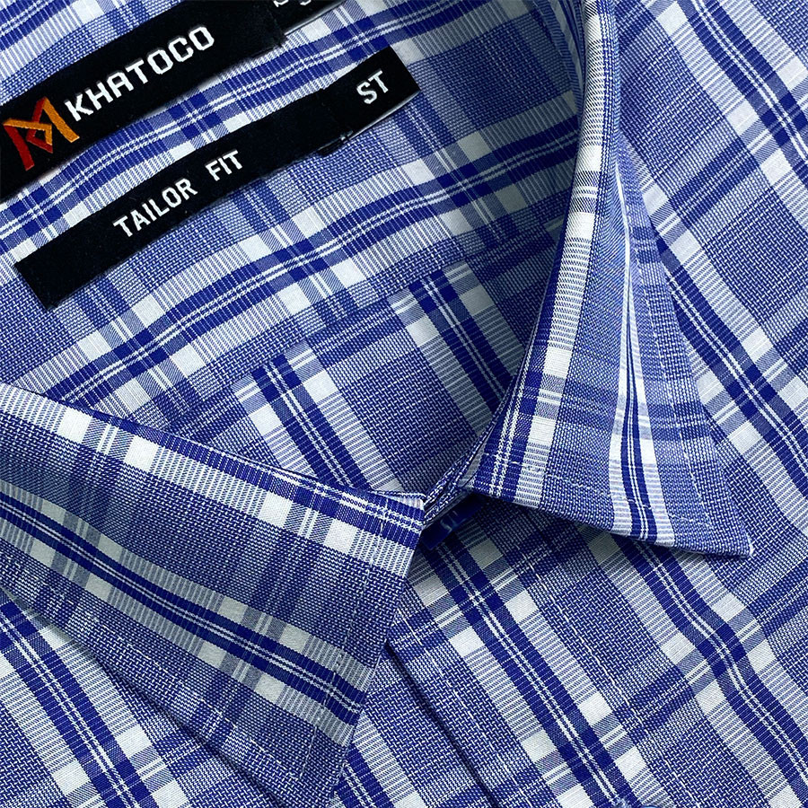 Sơ Mi Caro Tay Ngắn Màu Navy - Xanh Dương, Form Tailor Fit Chống Nhăn, Lai Ngang  Áo Nam Khatoco