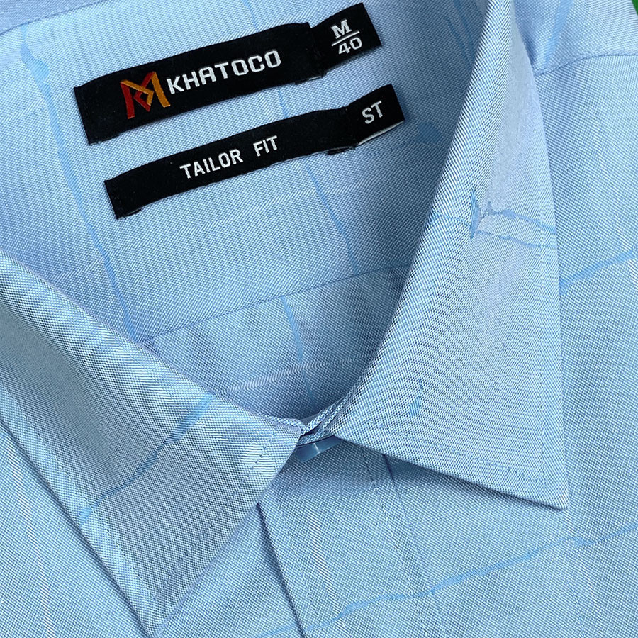 Sơ Mi Caro Tay Ngắn Xanh Dương - Xanh Navy, Form Tailor Fit Chống Nhăn, Lai Ngang - Áo Nam Khatoco