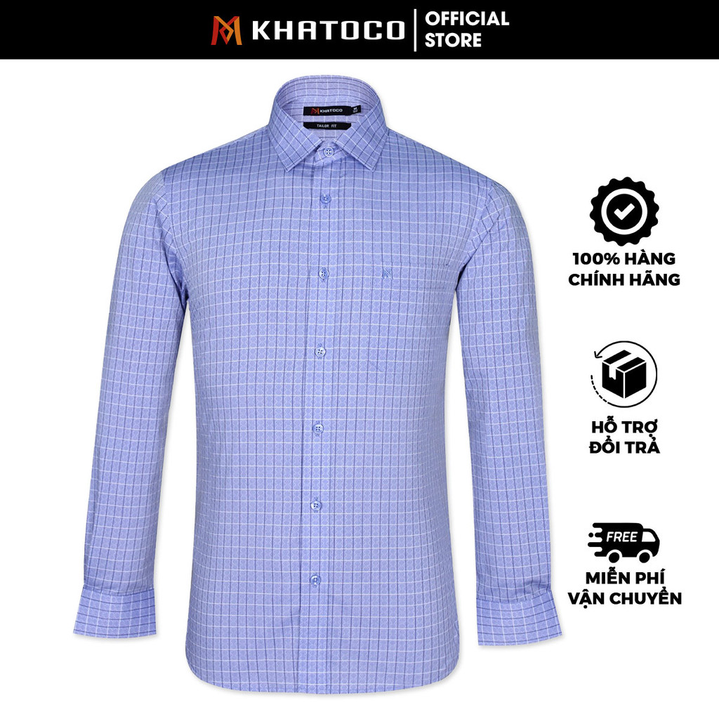 Sơ Mi Caro Tay Dài Màu Xanh Dương- Trắng, Form Tailor Fit Chống Nhăn, Lai Bầu - Áo Nam Khatoco