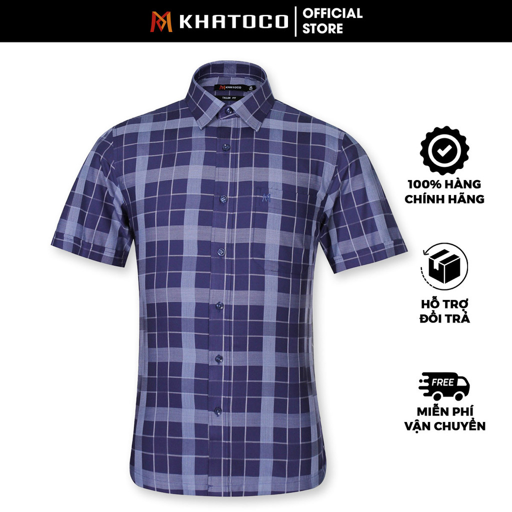 Sơ Mi Caro, Tay Ngắn Màu Navy - Xanh Dương, Form Tailor Fit Chống Nhăn, Lai Ngang - Áo Nam Khatoco