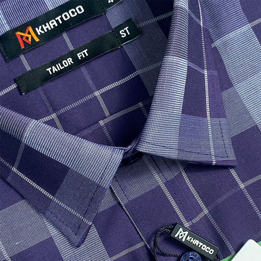 Sơ Mi Caro, Tay Ngắn Màu Navy - Xanh Dương, Form Tailor Fit Chống Nhăn, Lai Ngang - Áo Nam Khatoco