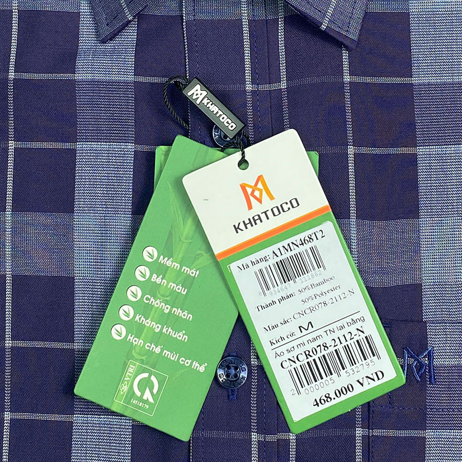 Sơ Mi Caro, Tay Ngắn Màu Navy - Xanh Dương, Form Tailor Fit Chống Nhăn, Lai Ngang - Áo Nam Khatoco