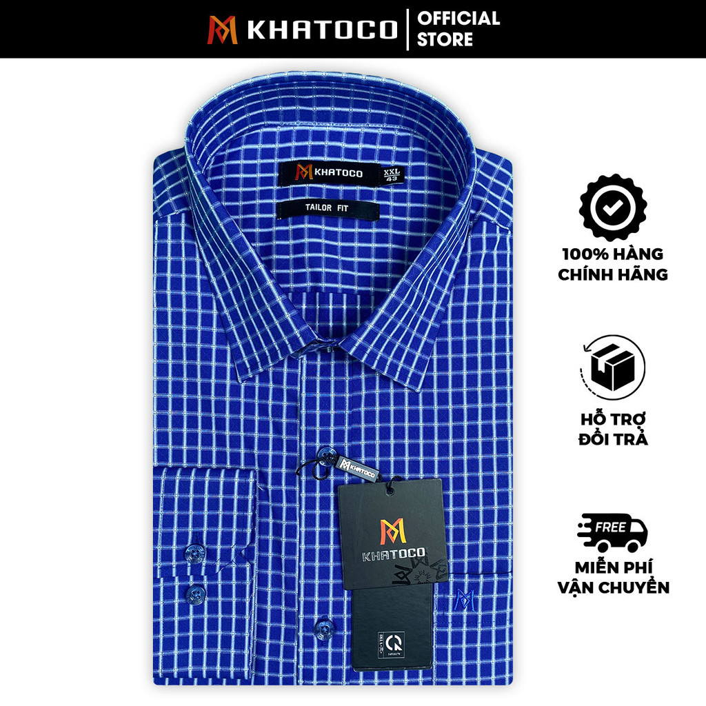 Sơ Mi Caro Tay Dài Màu Xanh Dương - Trắng, Form Tailor Fit Chống Nhăn, Lai Bầu - Áo sơmi Nam Khatoco